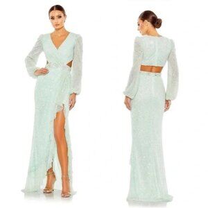 Mac Duggal 5745 Mint Long Sleeve V Neck Cut‎ Outs High Slit Maxi NEW Size 8